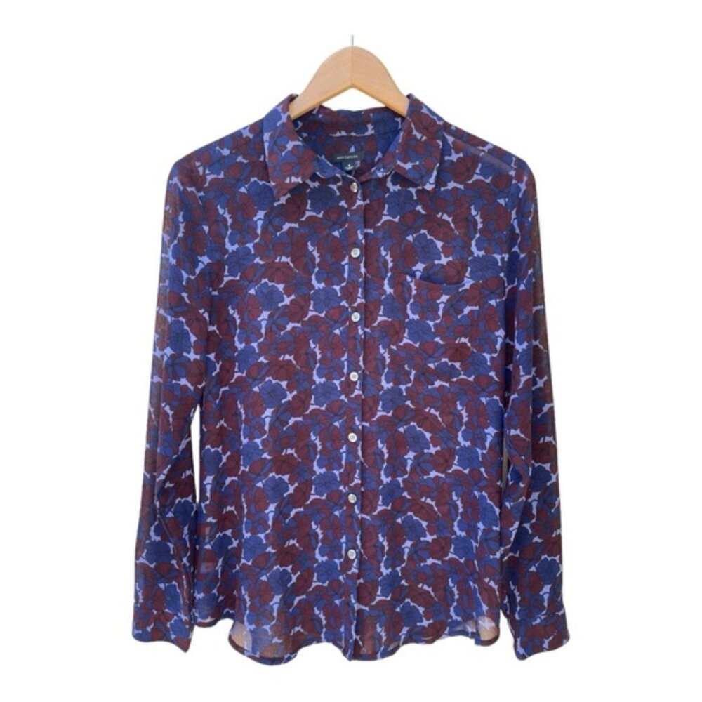 Ann Taylor Navy & Plum Floral Button-Down Sheer Blouse Size Small